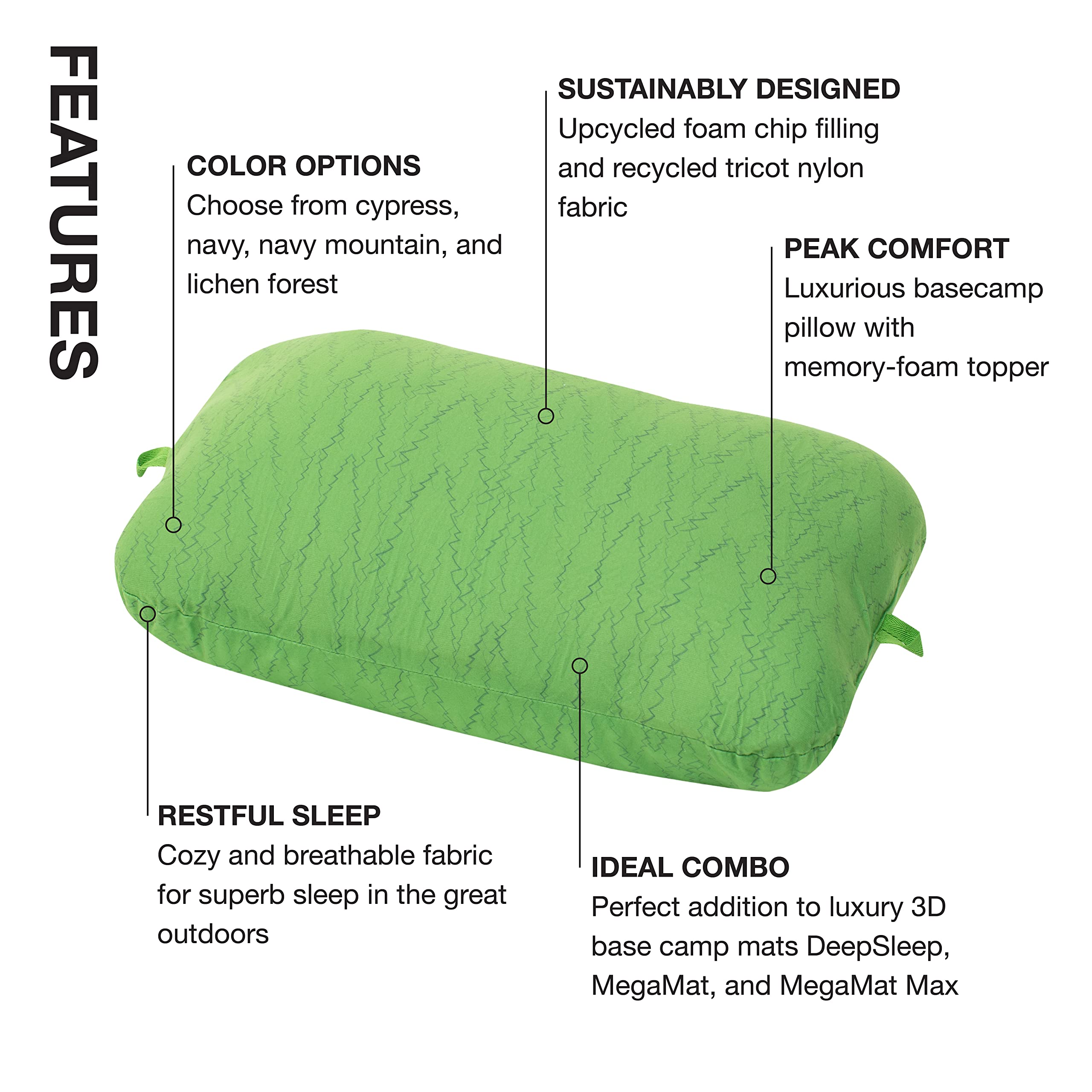 Exped Trailhead Pillow forest-lichen print evokes outdoor aesthetic for camping trips.