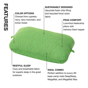 Exped Trailhead Pillow forest-lichen print evokes outdoor aesthetic for camping trips.