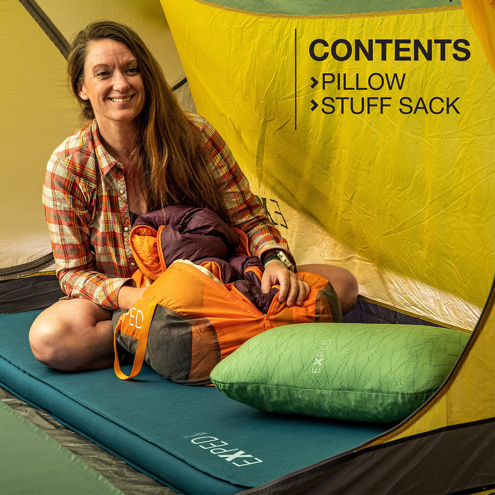 Exped Trailhead Pillow large on camping mat illustrates comfort upgrade during overnight trips.