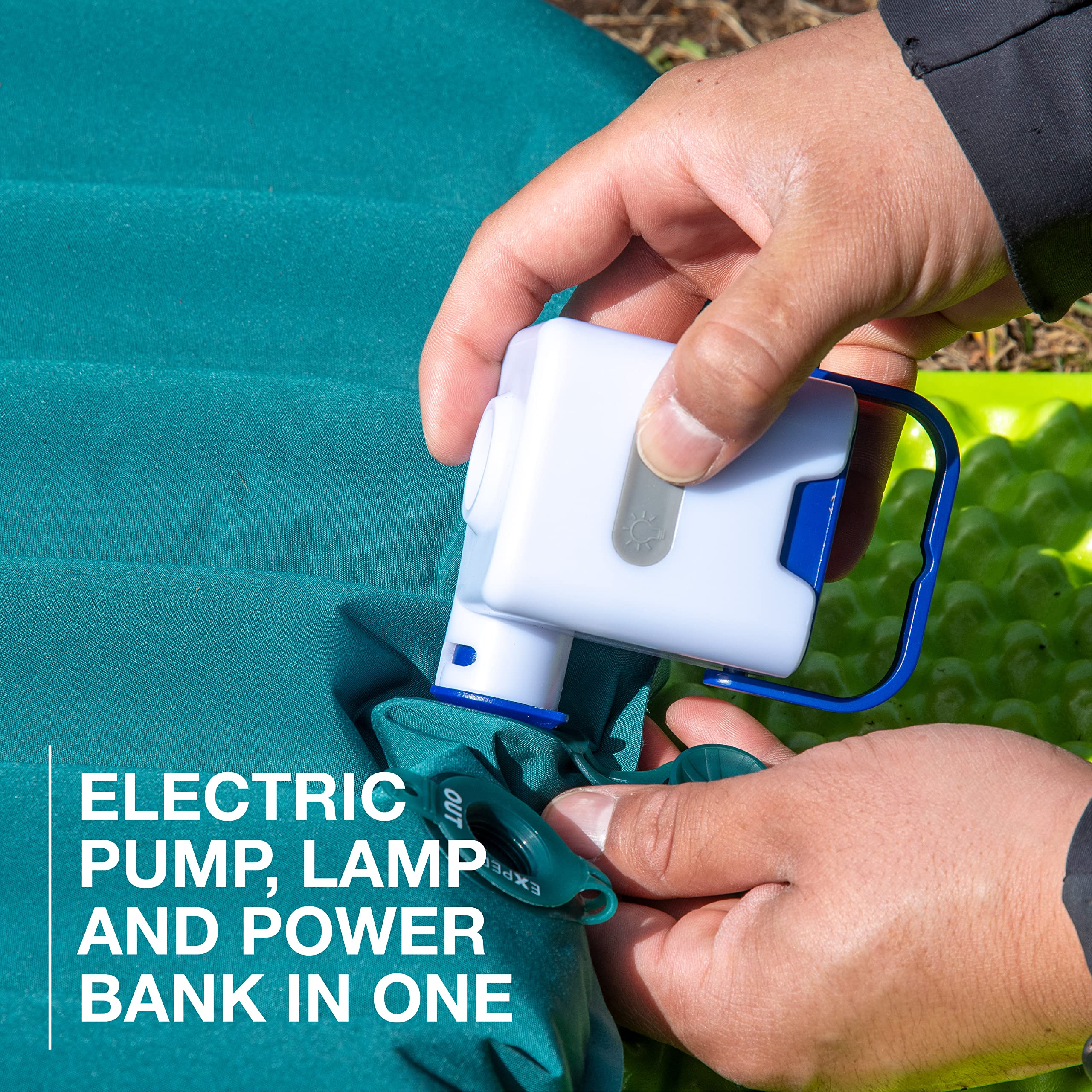 Exped Widget lumen lantern lights the tent for night-time visibility.