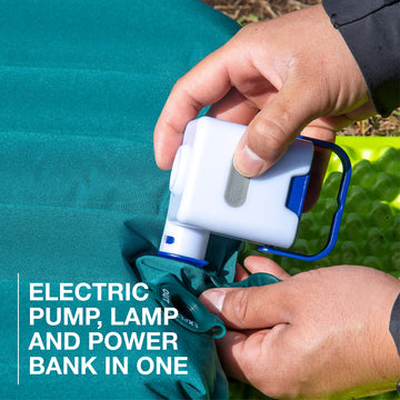 Exped Widget lumen lantern lights the tent for night-time visibility.