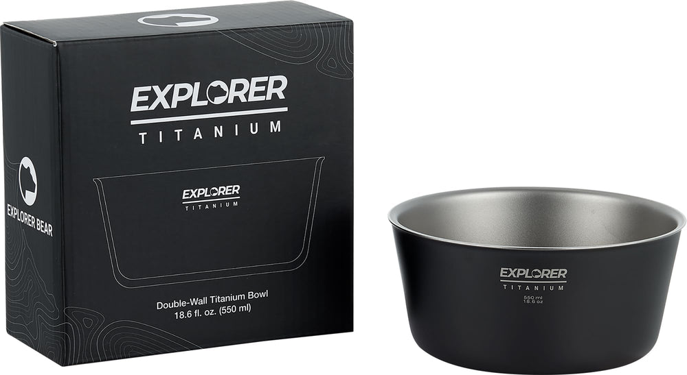 Explorer Bear black titanium bowl in pack demonstrates lightweight camping gear for travelers