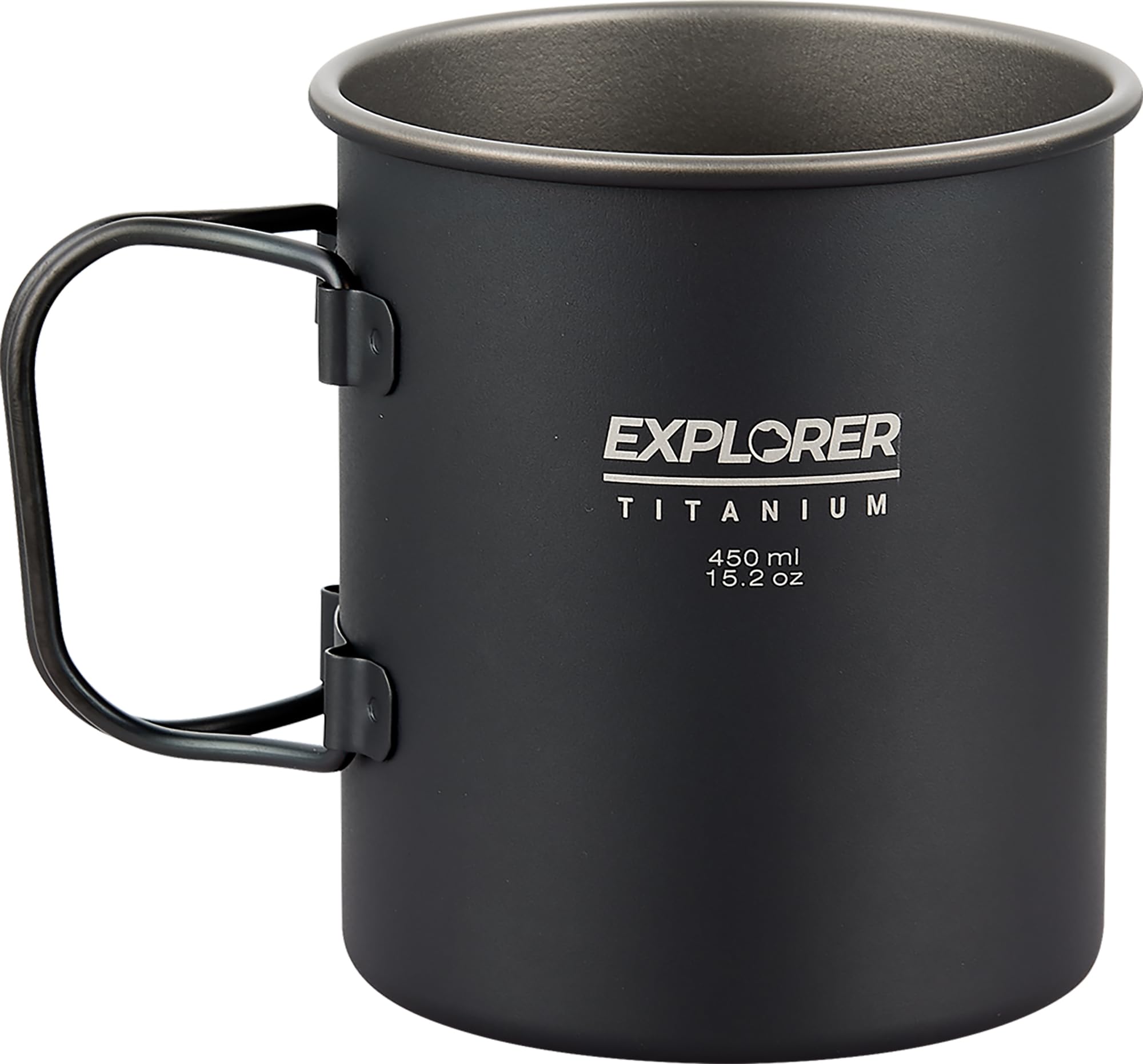 Explorer Bear black titanium camping cup with foldable handle for easy packing.