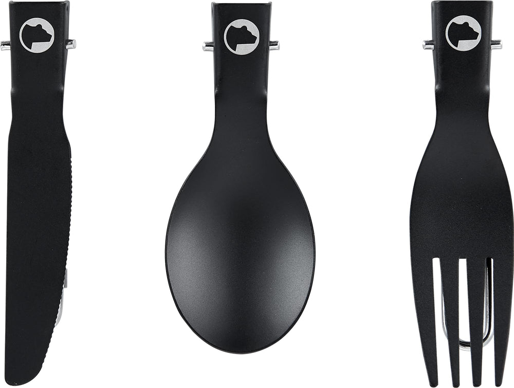 Explorer Bear foldable spatula-tong combo for versatile campsite cooking.