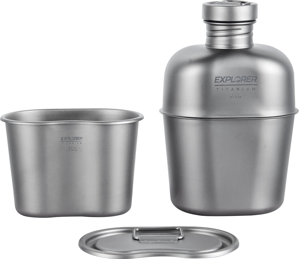 Explorer Bear titanium canteen 1100ml on rugged trail for extended hydration