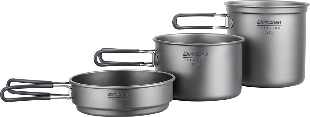 Explorer Bear titanium stackable 3-piece pot set ready for backpacking meals