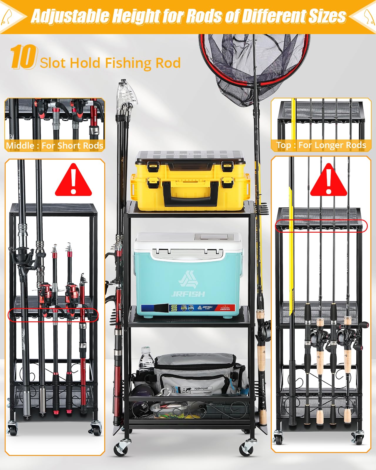 Three-layer design showing top storage for large tackle boxes
