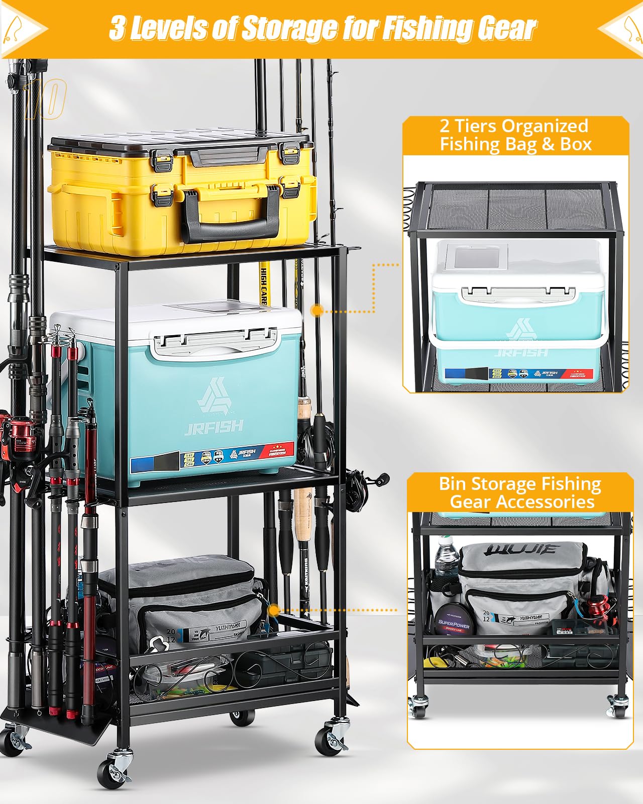 3-layer storage design showing top and middle tiers for tackle boxes
