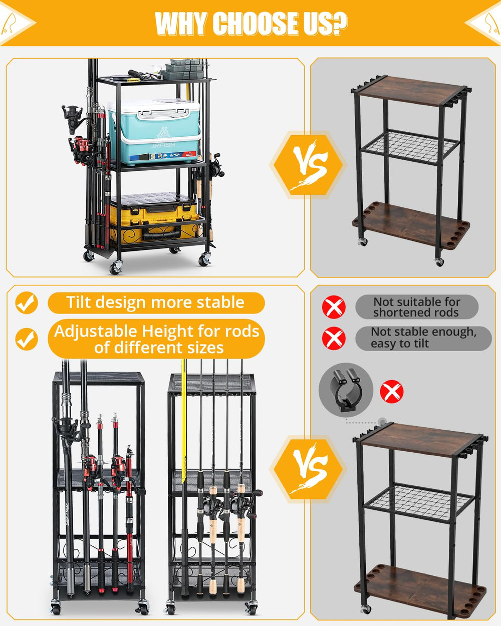 Caster wheels and adjustable feet on EXTCCT rod rack