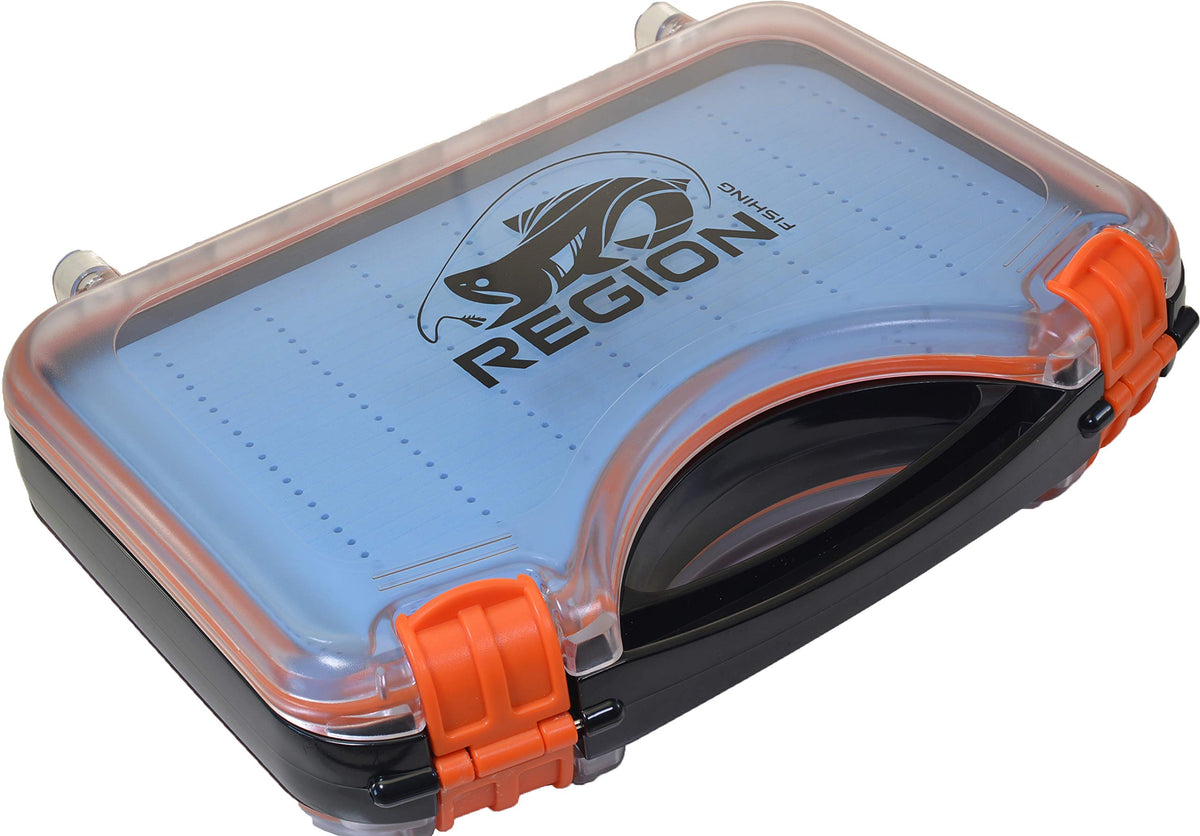Open view of the extra large double-sided waterproof fly box with 424-slot capacity and handle