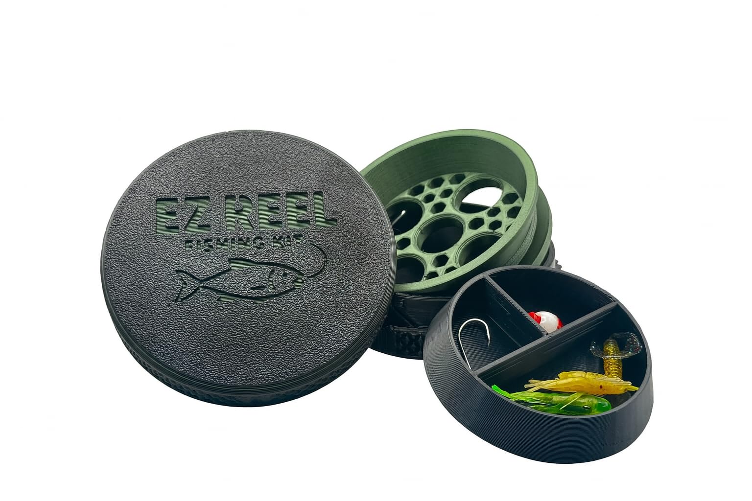 EZ Reel pocket-case compact shows a portable fishing kit for outdoor adventures.