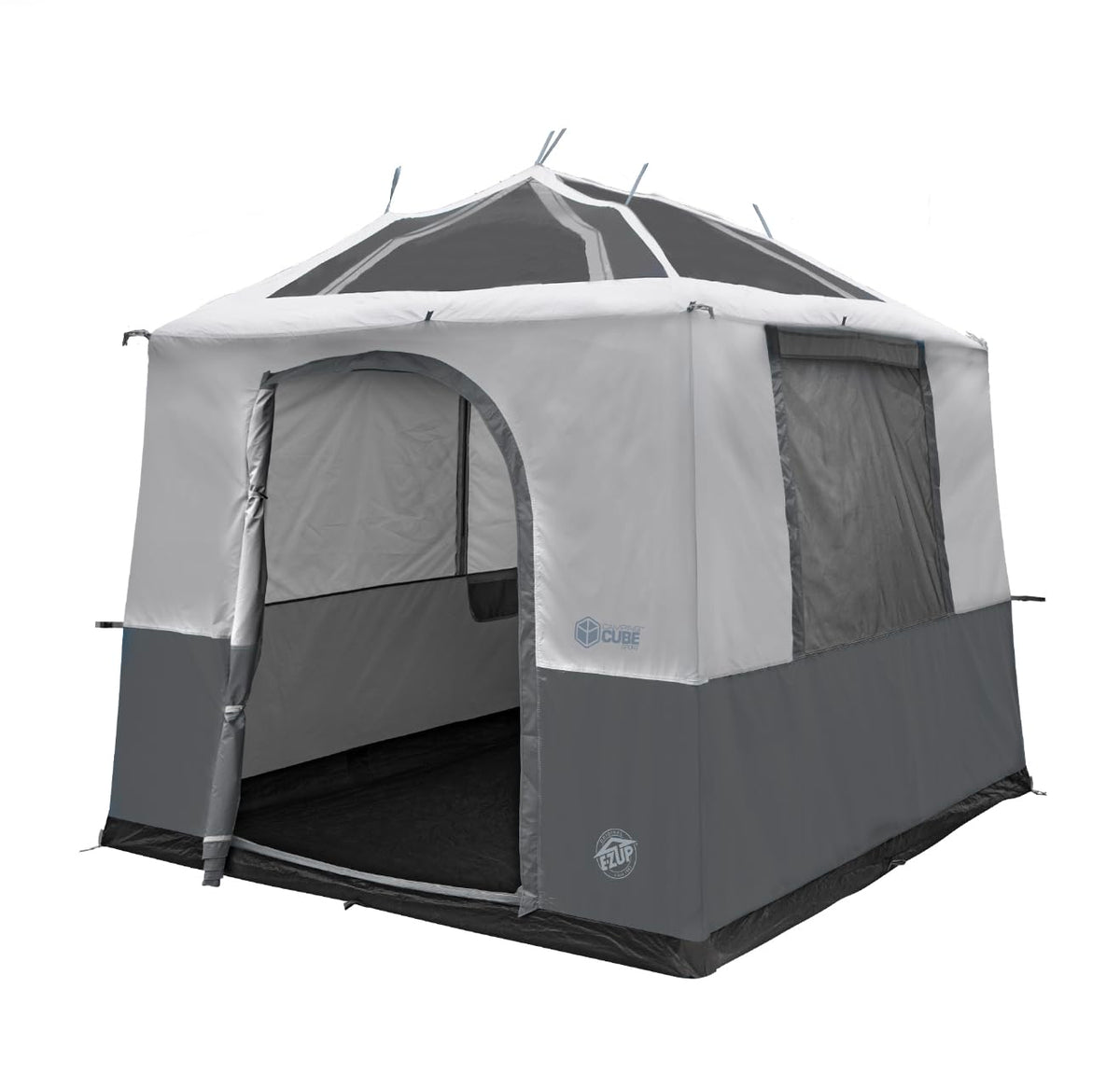 E-Z UP Camping Cube Sport demonstrates angled-leg transform for camping.