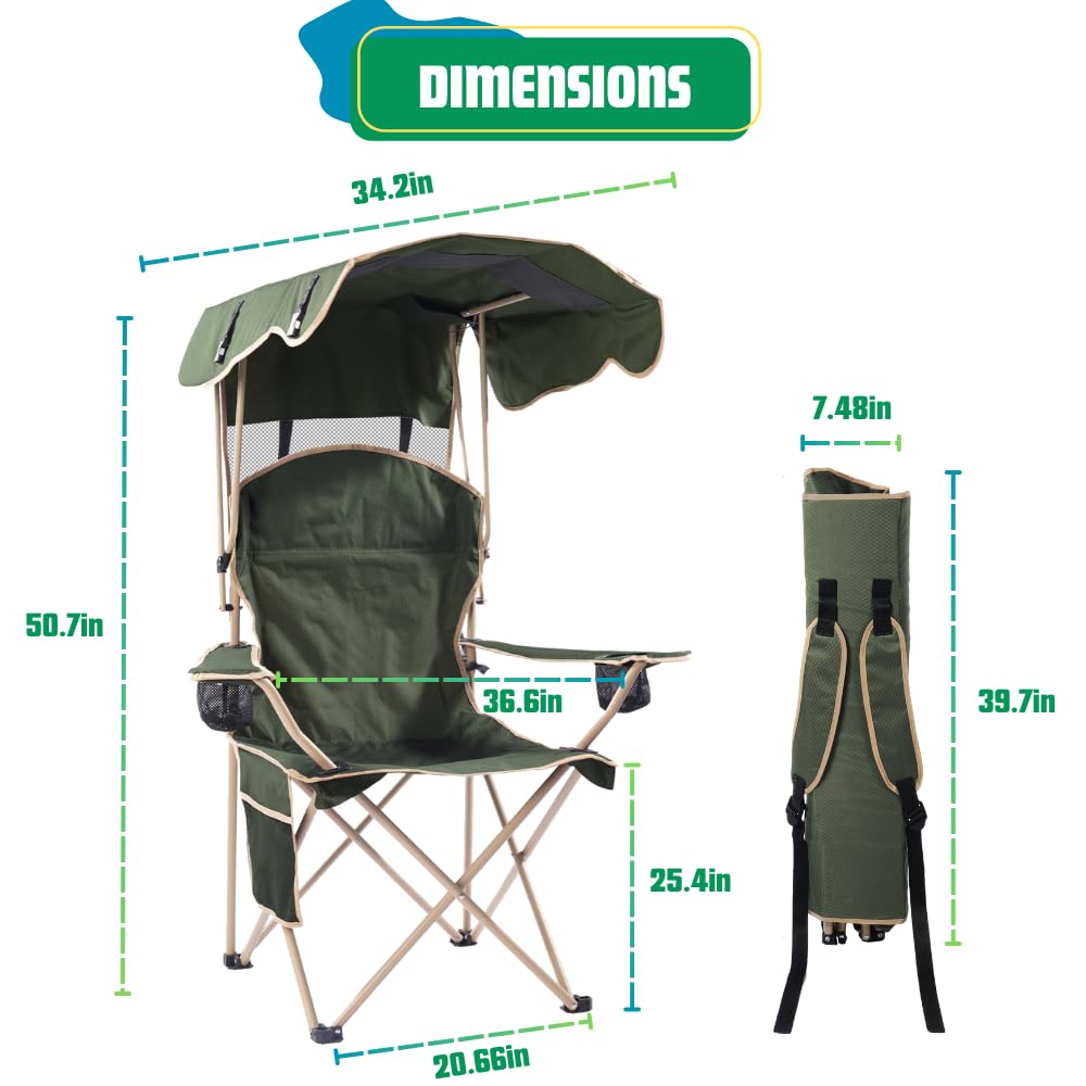 EZONE olive-green fabric on folding canopy chair for outdoor comfort.