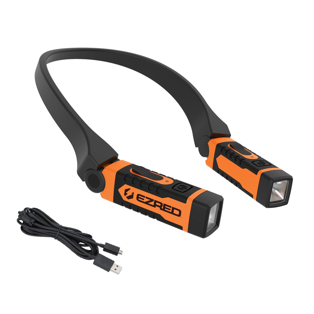 EZRED ANYWEAR neck light on neck provides hands-free illumination for work.