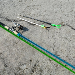 Blue braided mesh rod sleeve with elastic lanyard