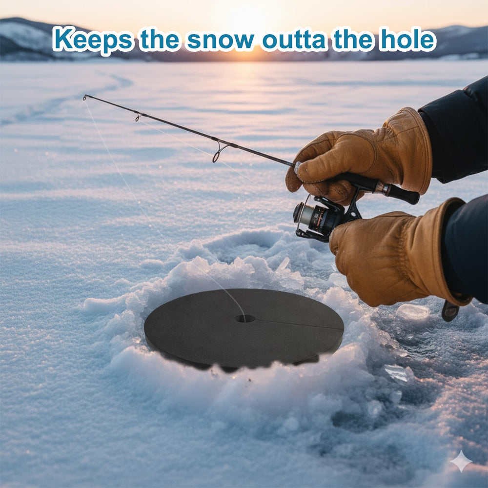 Hole cover placed over a standard 12-inch ice fishing hole.