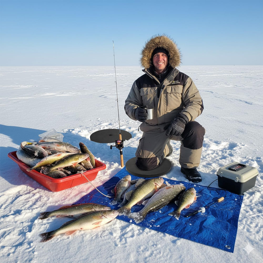 Black ice fishing hole cover on snowy surface for safety visibility.