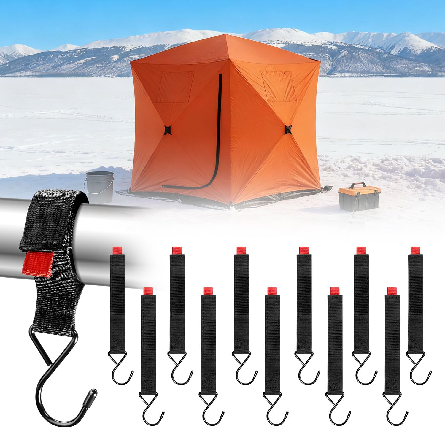 Fabflame ice fishing shelter coat hooks attached to an ice shelter pole
