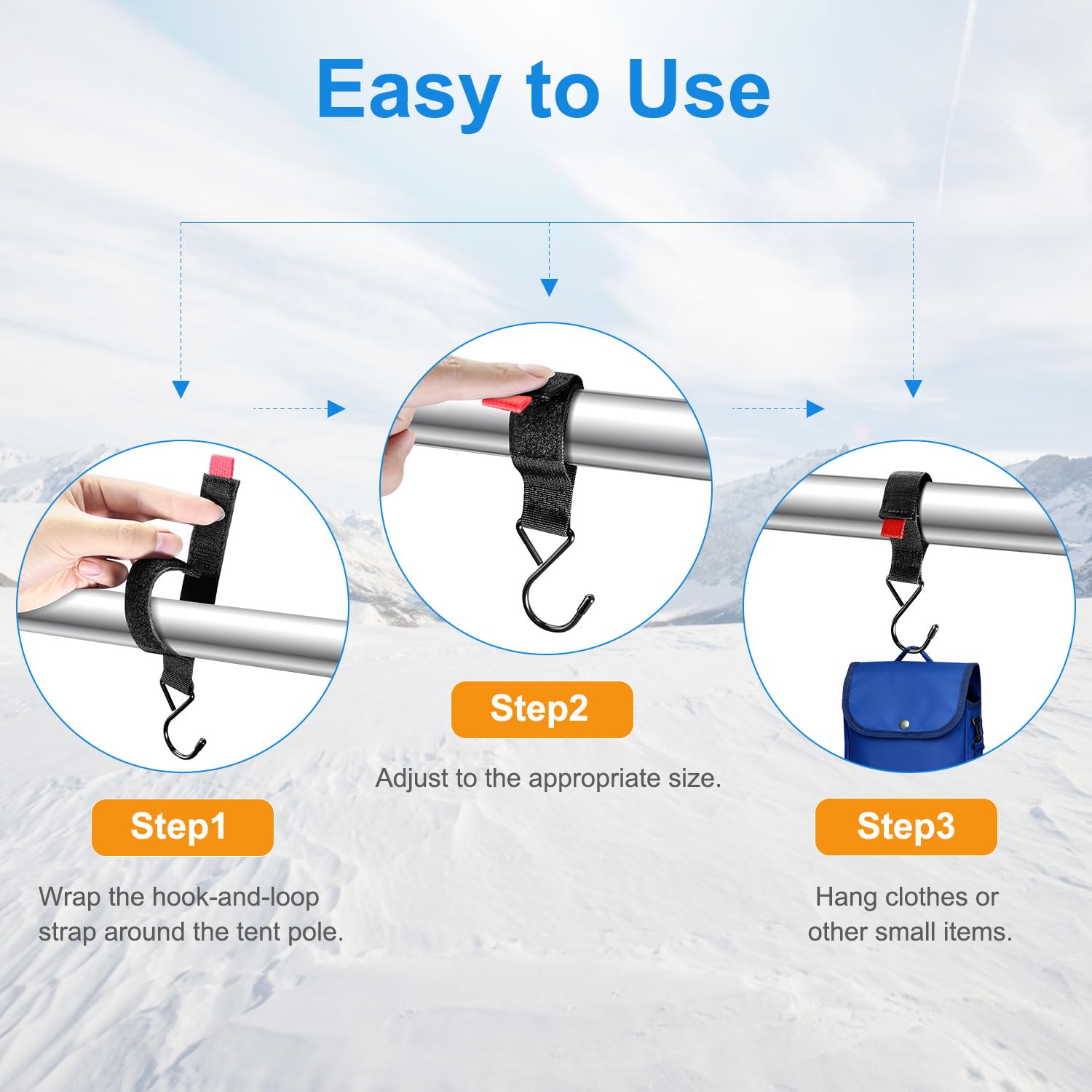 Hook-and-loop strap securing a coat hook to an ice shelter pole