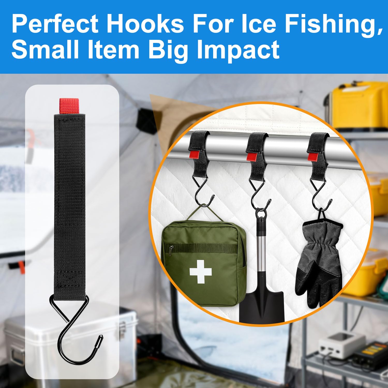 Coat, hat, and headlamp hung on Fabflame ice shelter hooks