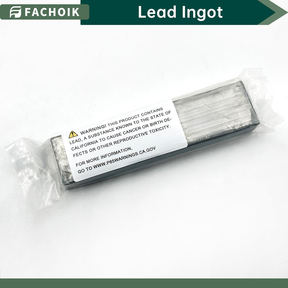 Fachoik 5 lb lead ingots with Prop 65 safety warning reminder for safe handling.