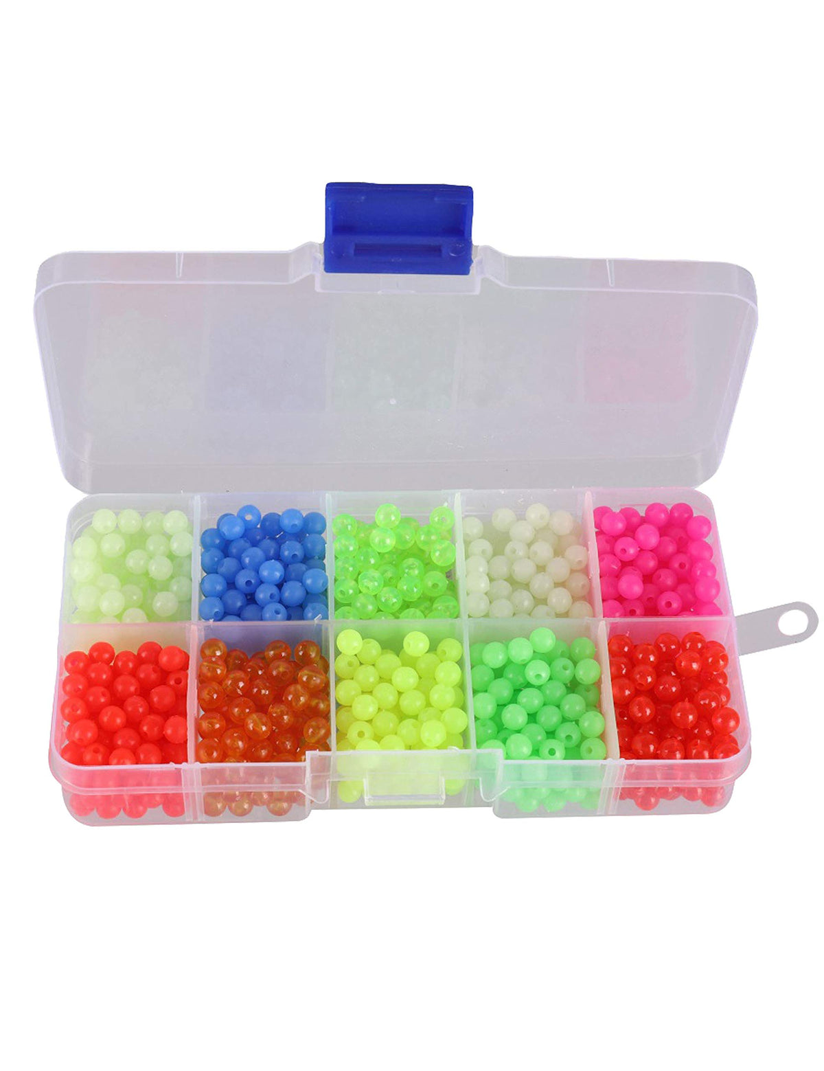 Facikono 1000-piece 5mm round fishing beads in a reusable plastic storage box