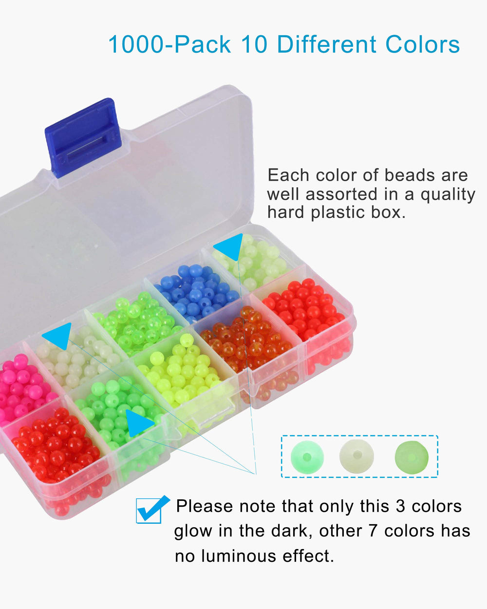 Organized plastic storage box displaying the 10-color bead assortment