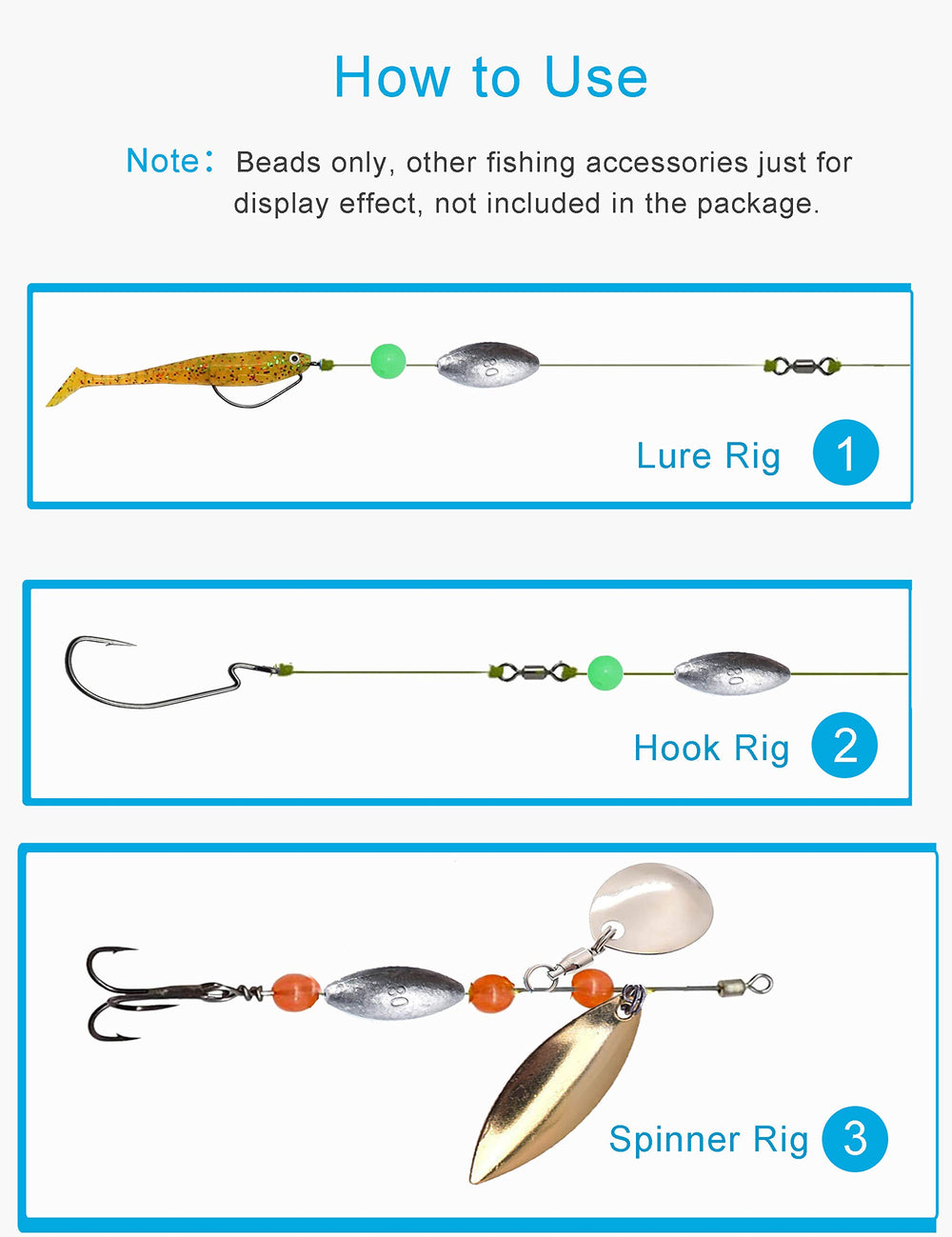 Examples of rig setups using Facikono glow beads for walleyes and perch
