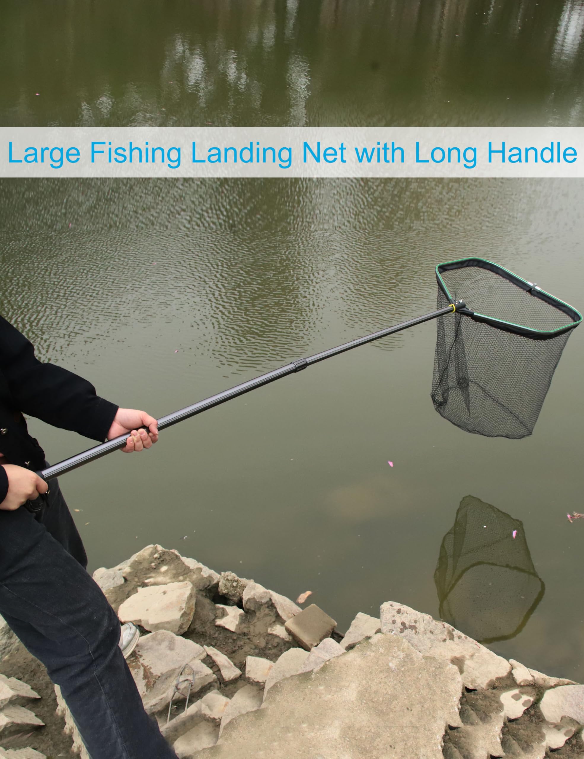 Portable half-folding landing net with retractable pole