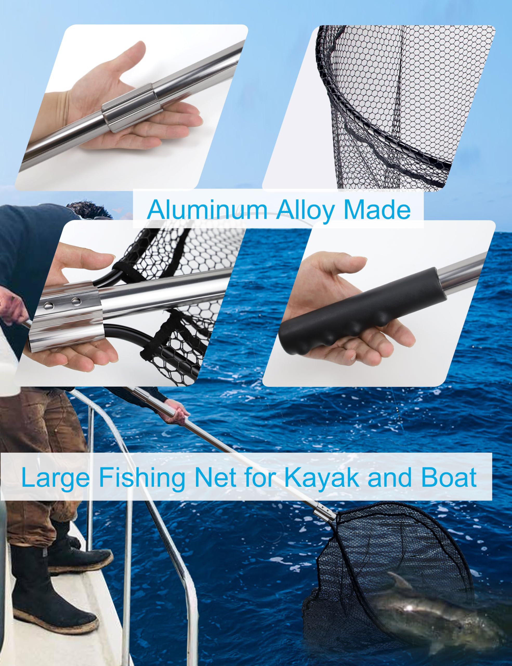 Heavy-duty landing net in use for offshore or deep-sea fishing