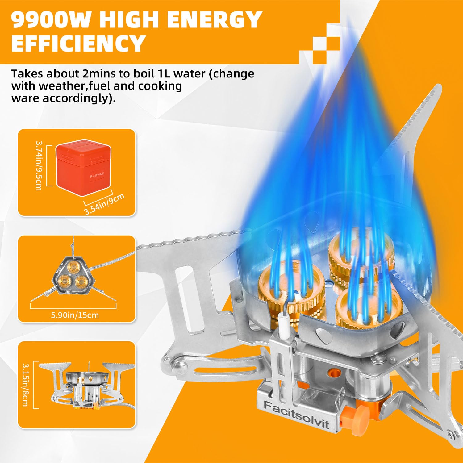 Facitsolvit 9900W windproof stove side view showing compact camp setup.