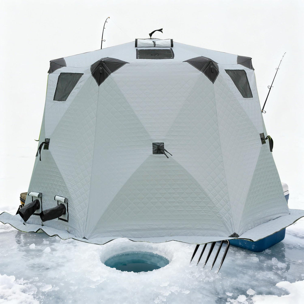 Factildfulzhan ice shelter with dual-layer insulation for warmth and condensation control.