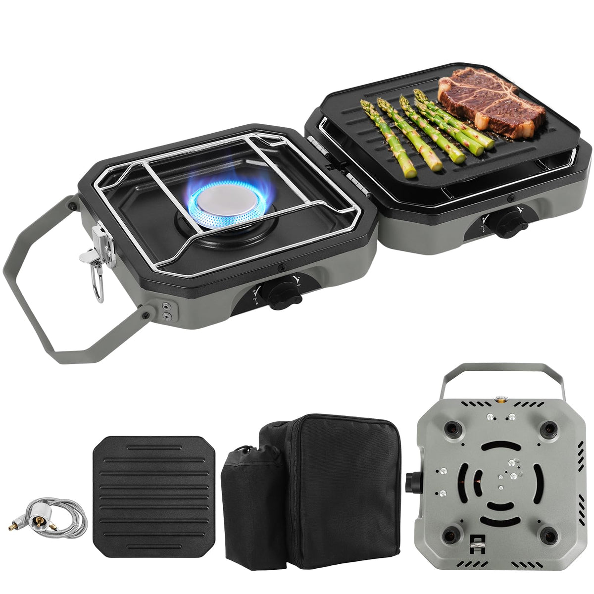 FAHKNS 2-burner camping stove with grill for versatile outdoor cooking