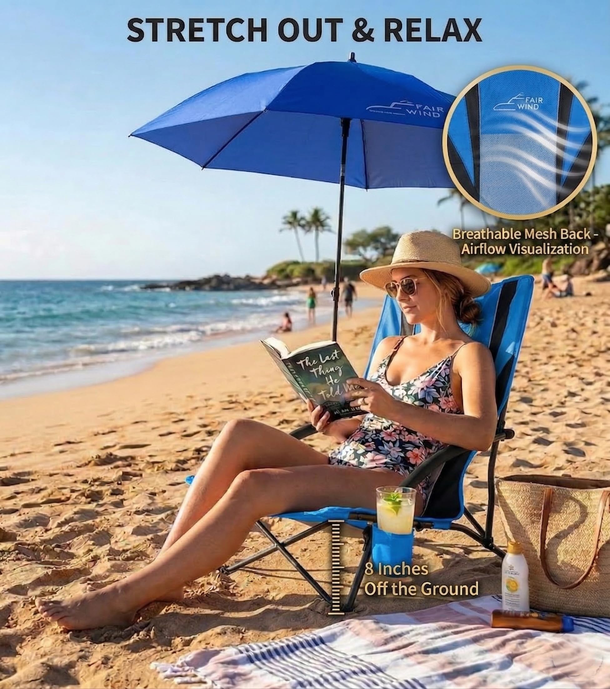 FAIR WIND adjustable parasol angles to block sun from any seating position.