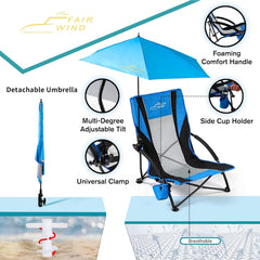 FAIR WIND adjustable parasol angles to block sun from any seating position.