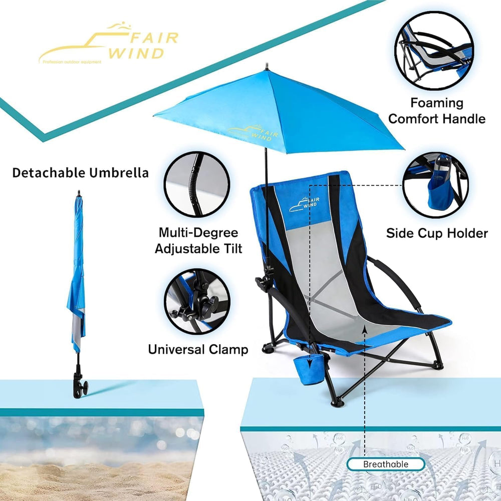 FAIR WIND compact storage bag keeps chair and umbrella organized for travel.