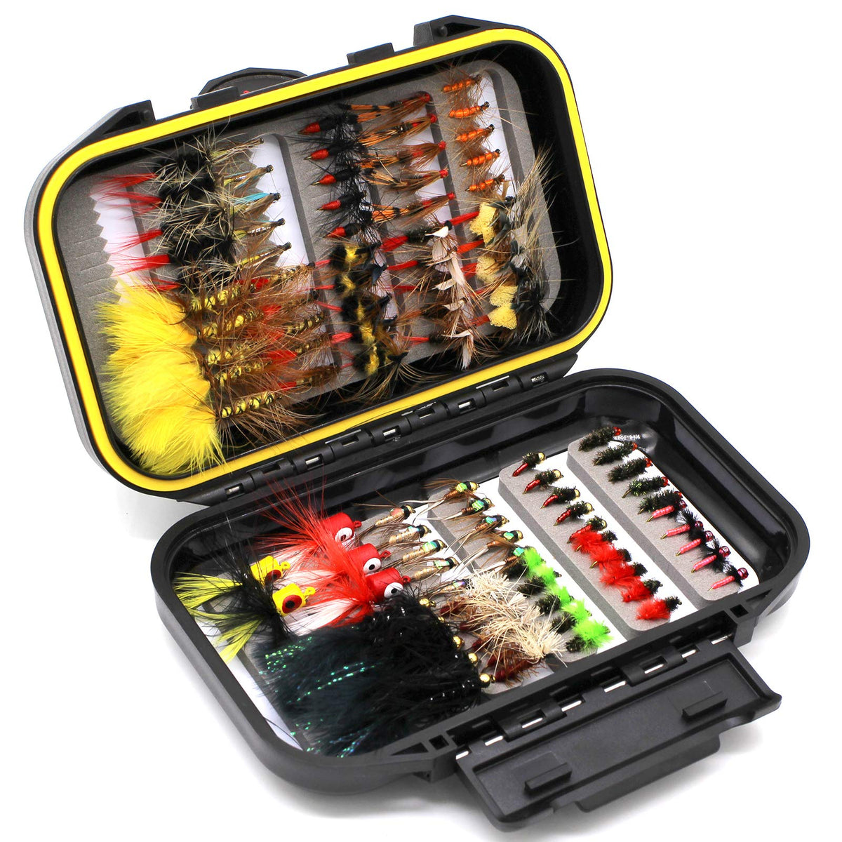 FAISOX waterproof fly box close-up showing organized flies for easy transport.