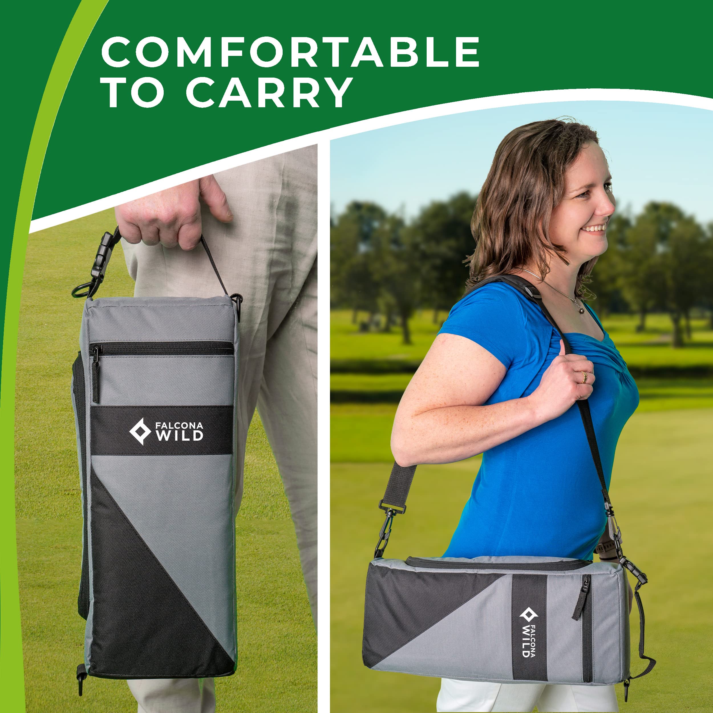 Falcona Wild quick-secure carry handle hooks onto cart for safe securing.