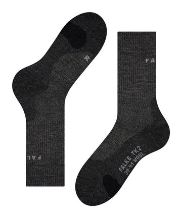 FALKE TK2 Explore wool hiking sock arch support and cushioning for comfortable trekking.