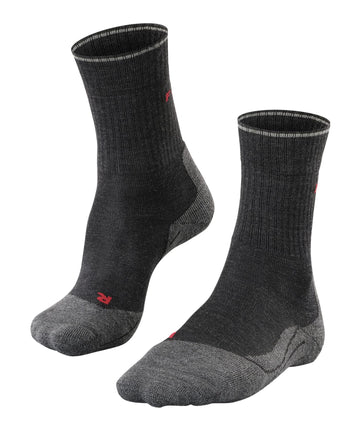 Falke Women TK2 Explore Wool Silk crew cut socks front view in grey, warm detail
