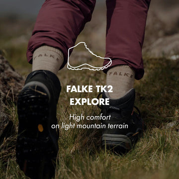 Falke Women TK2 Explore Wool Silk crew cut socks worn in urban setting
