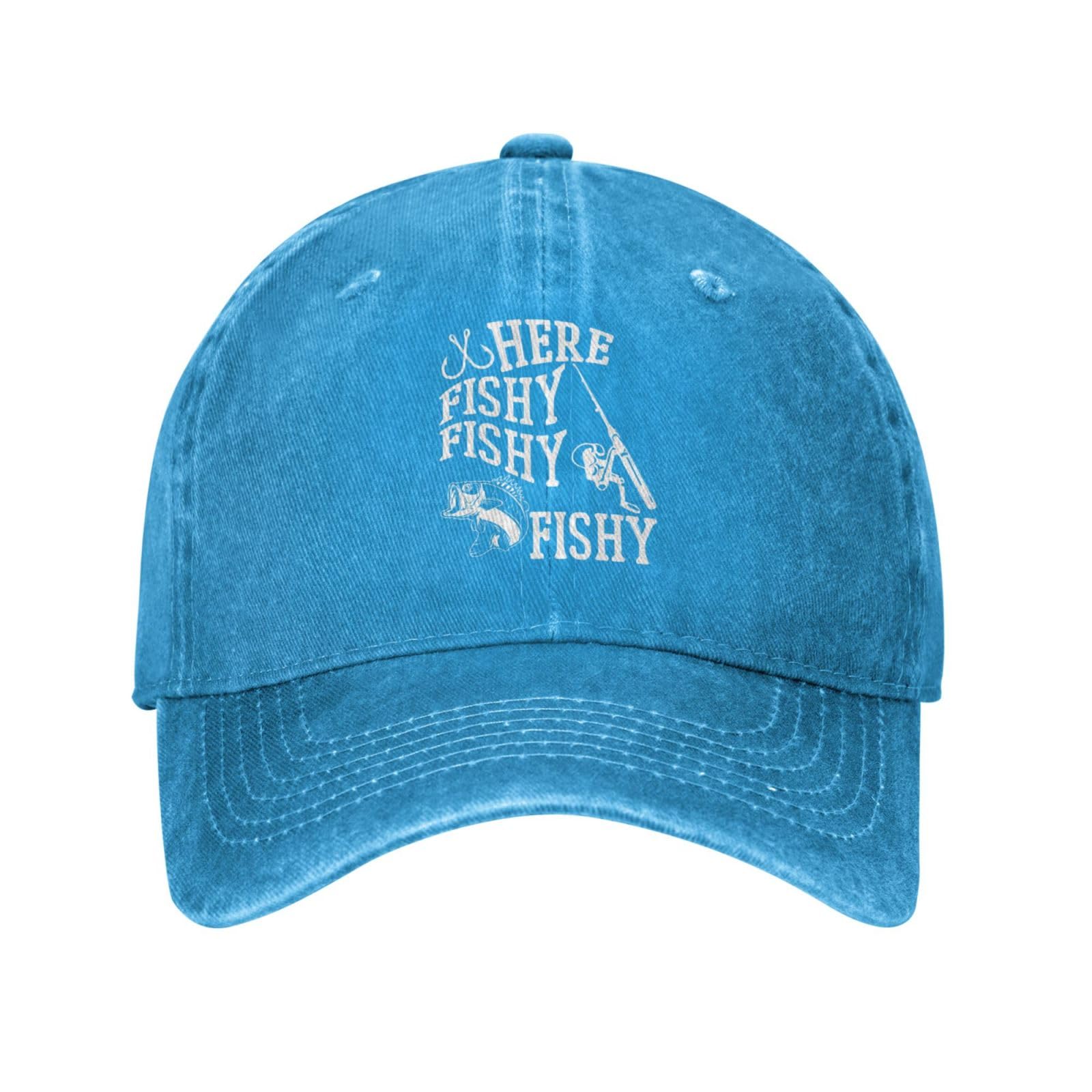 FAMLEE Here Fishy Fishy Hat front graphic in blue for casual wear.