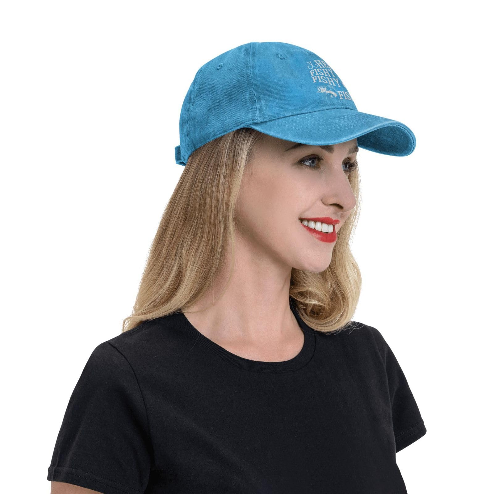 FAMLEE Here Fishy Fishy Hat metal buckle closure for easy fit.