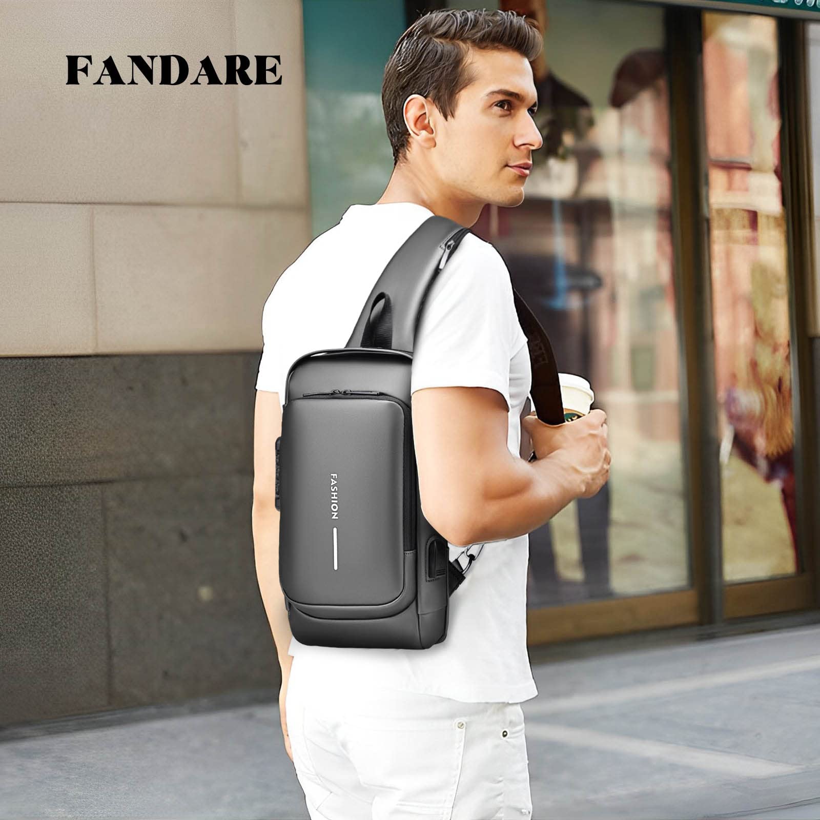 FANDARE anti-theft sling bag side view shows USB charging port for on-the-go power.