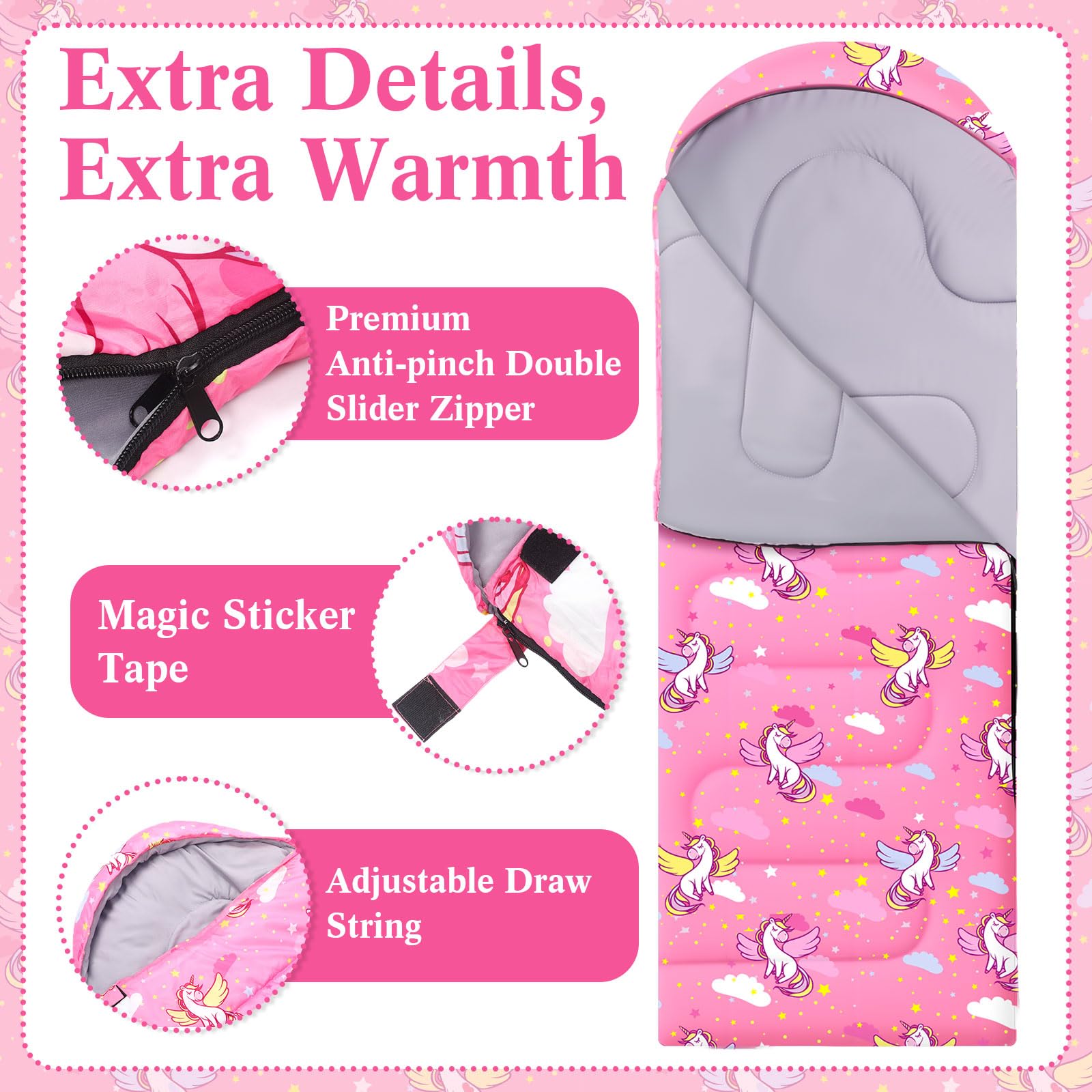 Fanfanwin unicorn pink sleeping bag bottom zip highlights feet-space extension