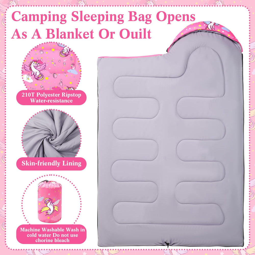 Fanfanwin unicorn pink sleeping bag with adjustable hood drawstring warmth feature