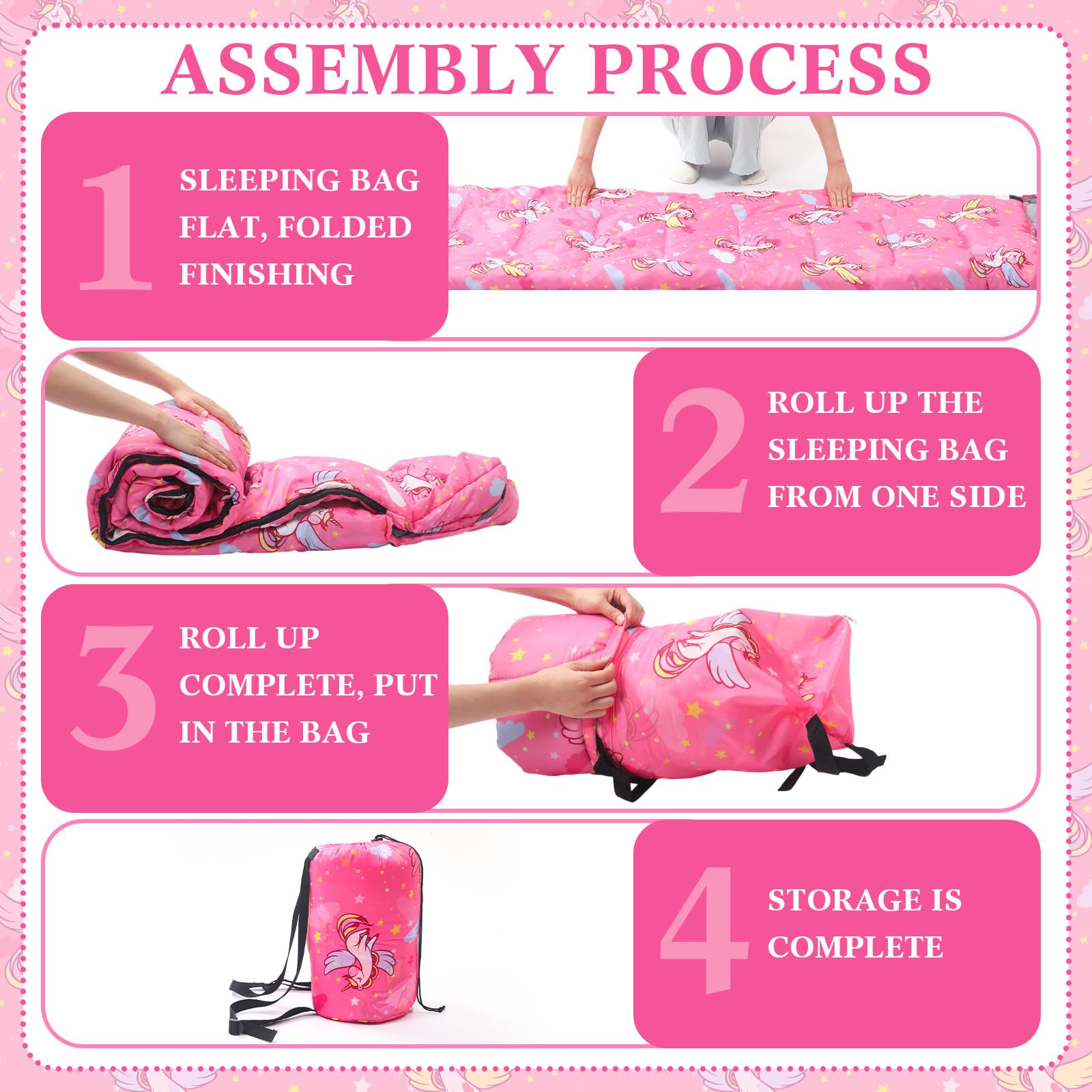 Fanfanwin unicorn pink sleeping bag material close-up shows weatherproof protection