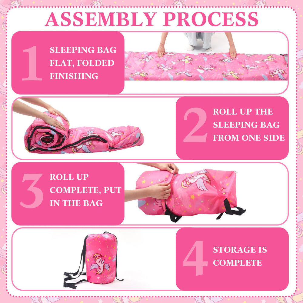 Fanfanwin unicorn pink sleeping bag material close-up shows weatherproof protection
