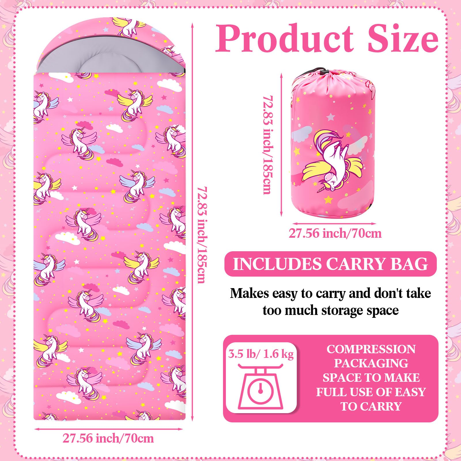 Fanfanwin unicorn pink camping sleeping bag open hood design for warmth readiness