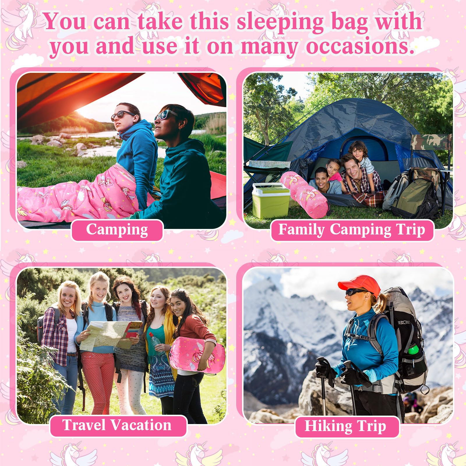 Fanfanwin unicorn pink sleeping bag in use outdoors for versatile camping nights